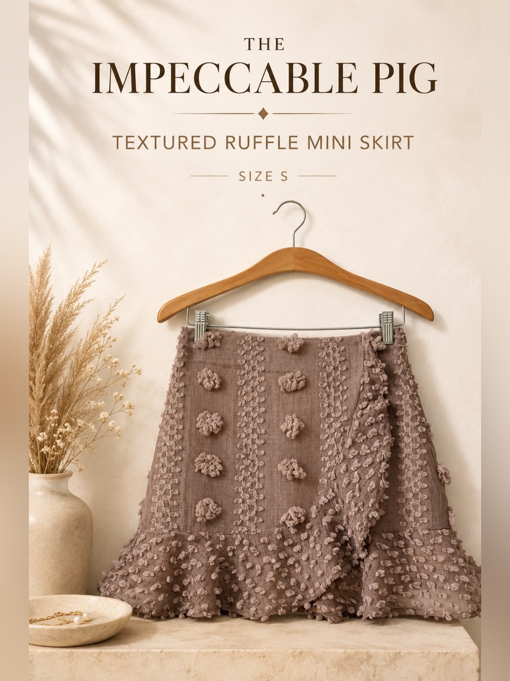 The Impeccable Pig Textured Ruffle Mini Skirt Size S Taupe